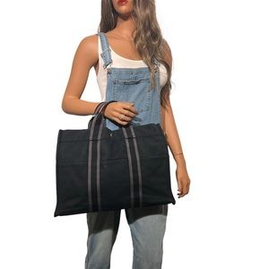 💚OFFERS?✅ HERMES TOTE BAG FOURRETOUT NAVY BLACK CANVAS 99810​​